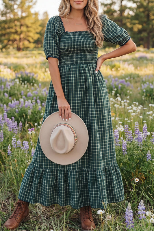 Daisy Plaid Square Neck Shirred High Waist Ruffle Hem Dress