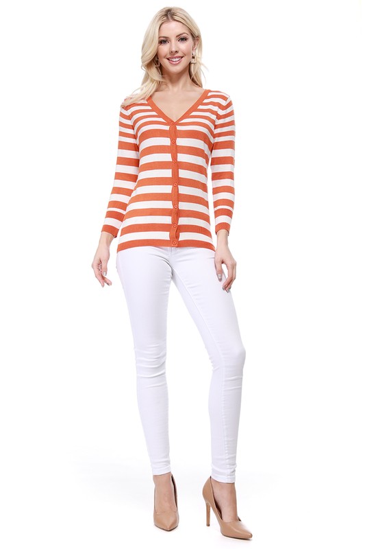 V Neck Striped Spandex Sweater Cardigan