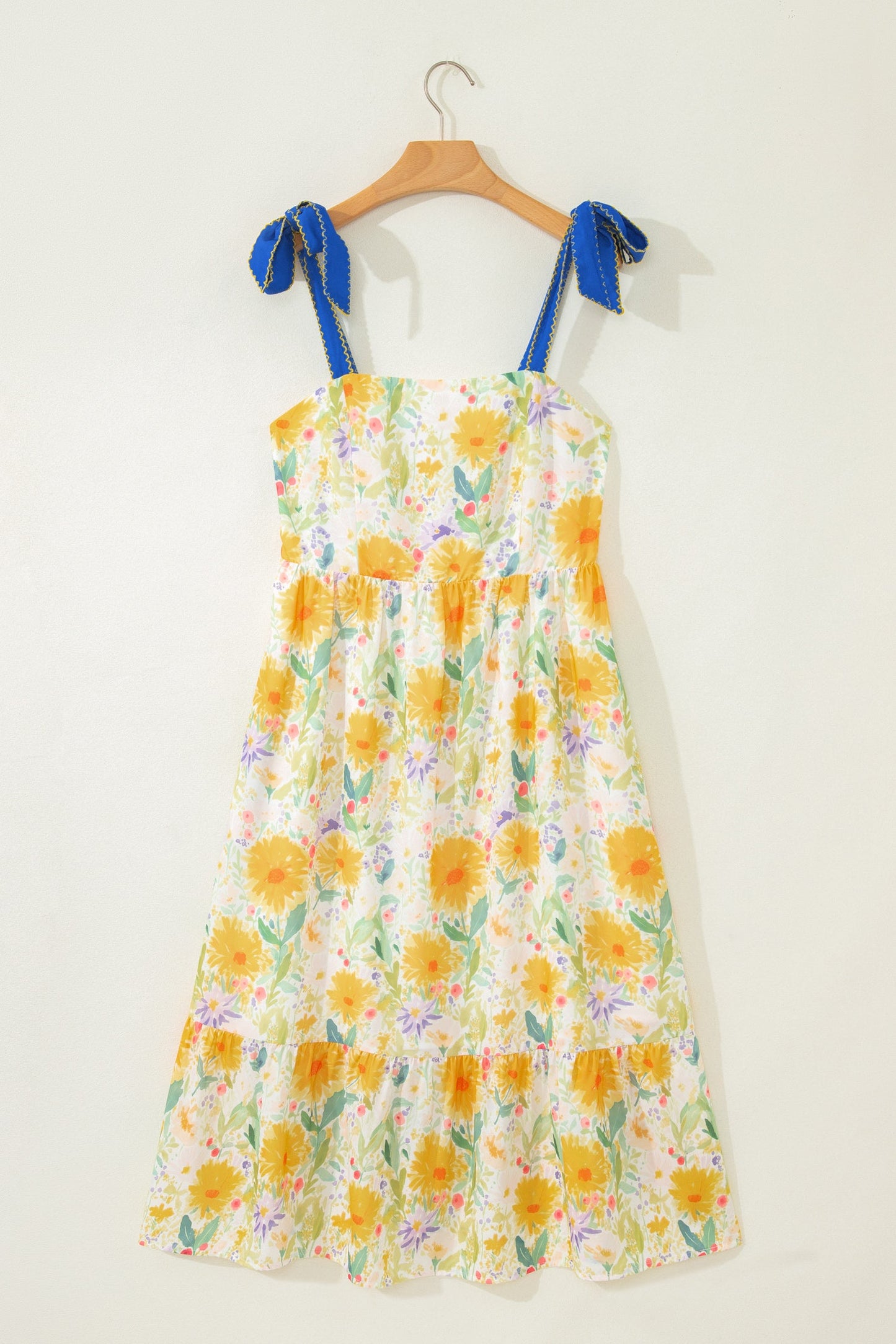 Floral Denim Tie Strap High Waist Maxi Dress