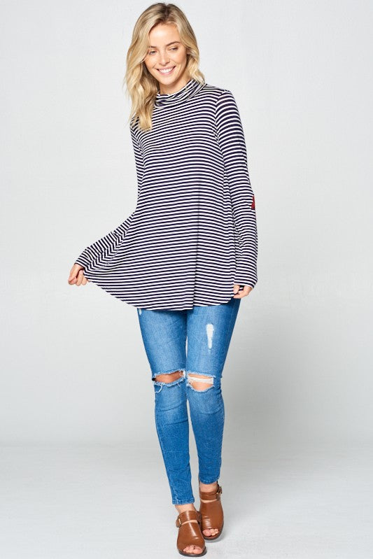 STRIPE JERSEY TURTLE NECK CASUAL TOP