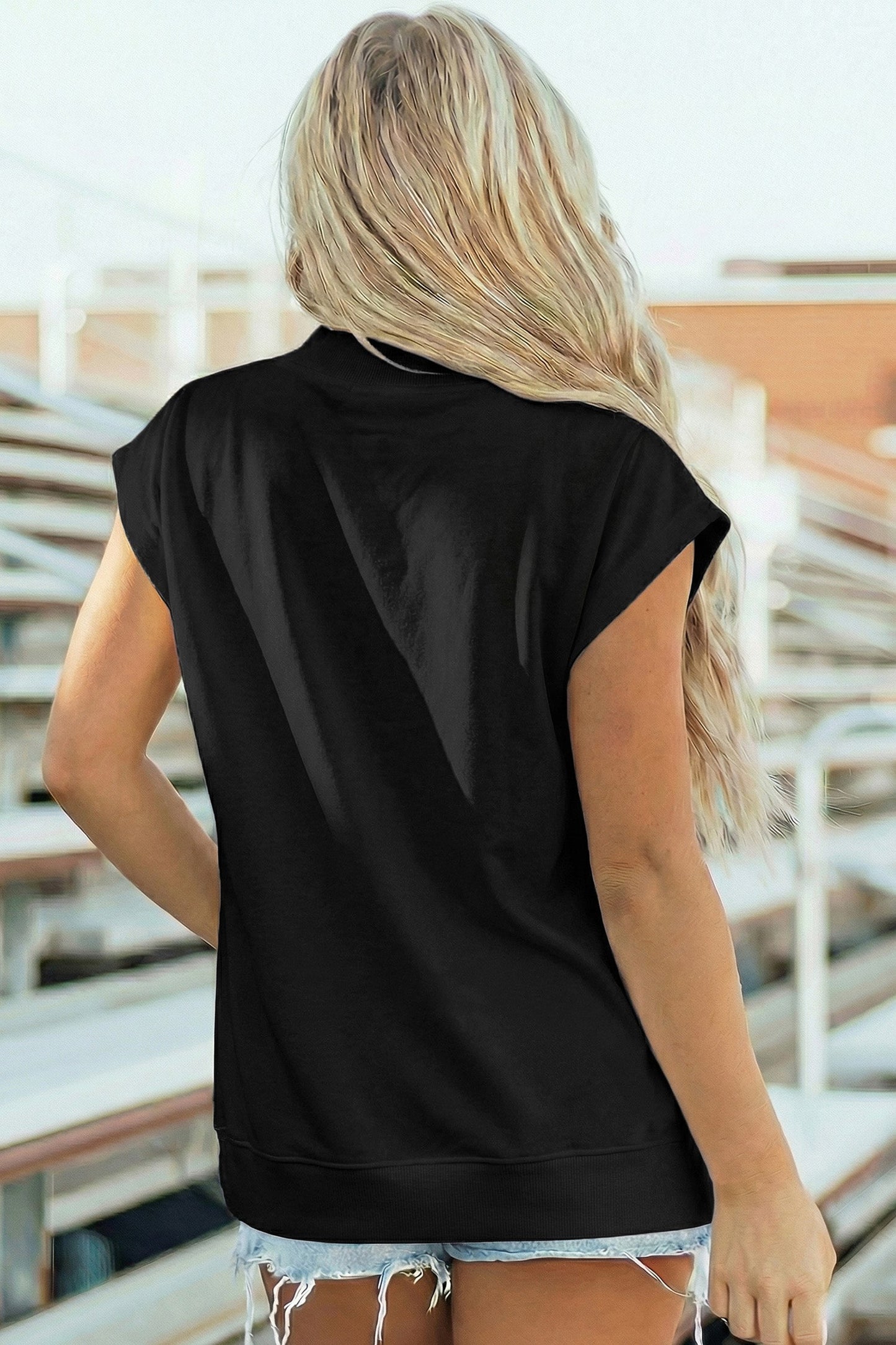Solid Mock Neck Cap Sleeve Oversized Top