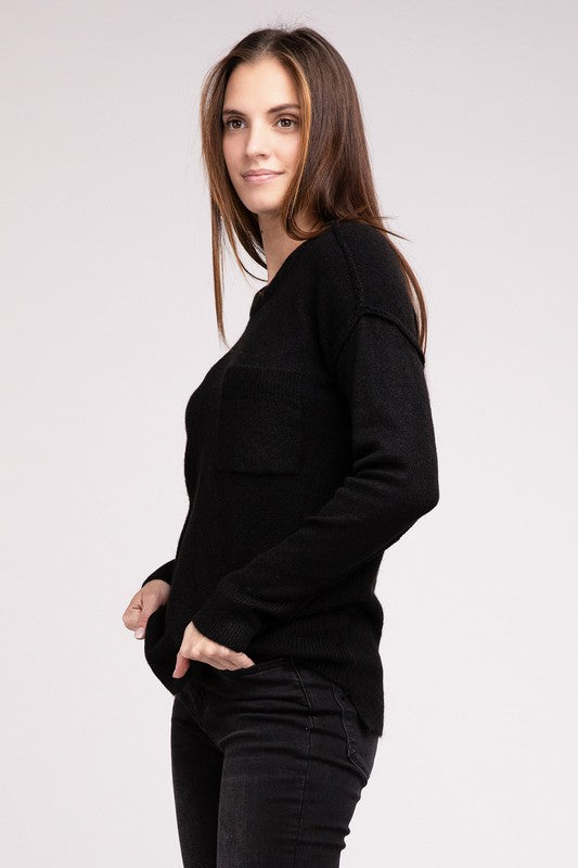 MELANGE HI-LOW HEM ROUND NECK SWEATER