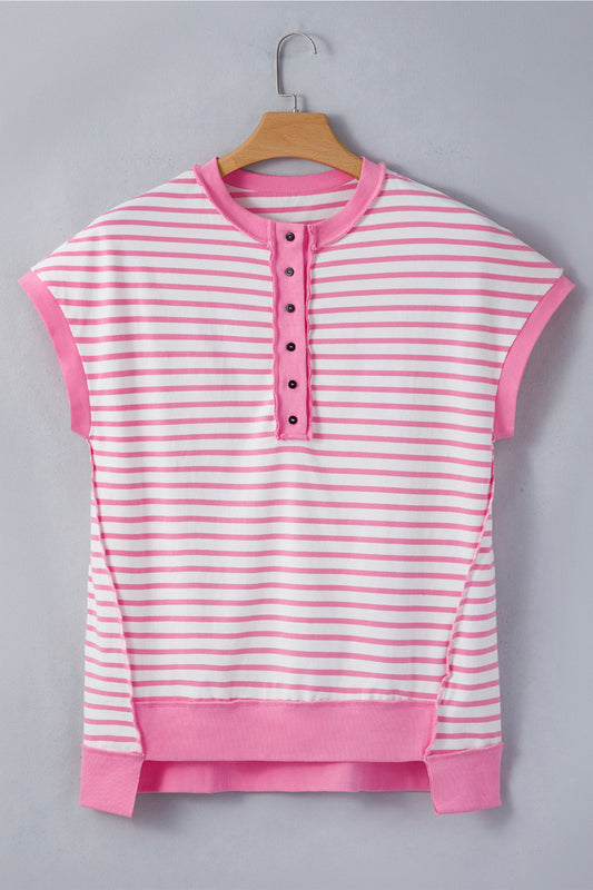 Stripe Half Placket High Low Short Sleeve Top