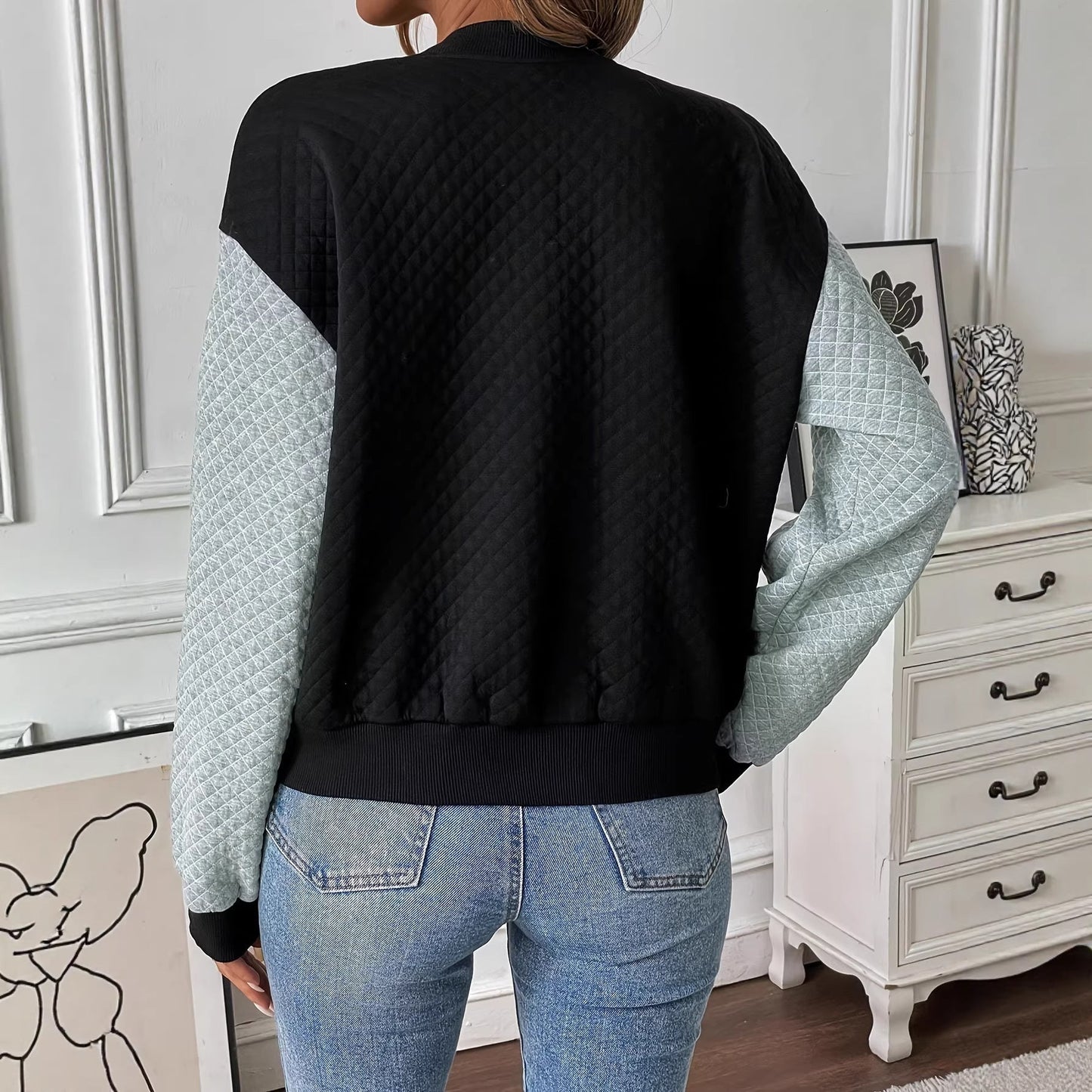 Women’s Color-Blocked Baseball Collar Casual Long-Sleeved Zipper Jacket