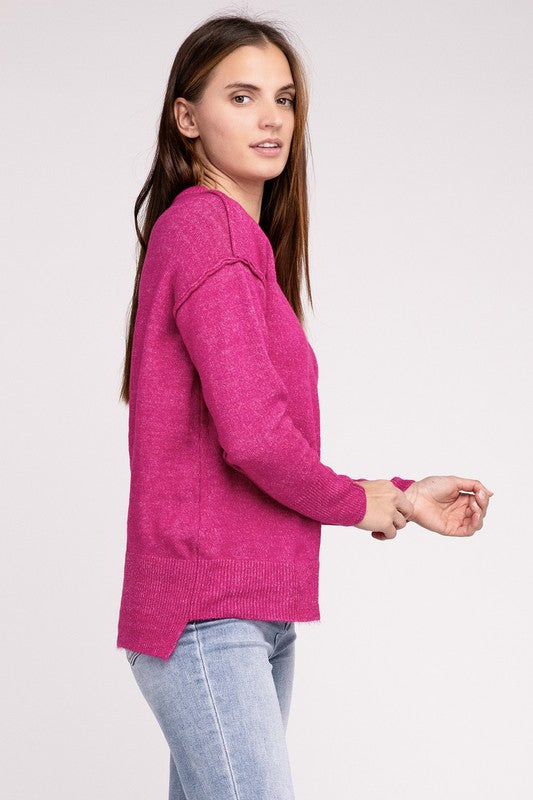 MELANGE HI-LOW HEM ROUND NECK SWEATER