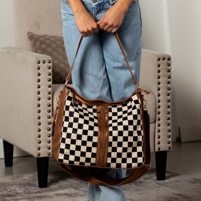 Vanessa Mixed-Media Checkered Convertible Bucket Hobo Shoulder Crossbody 2-Piece Bag