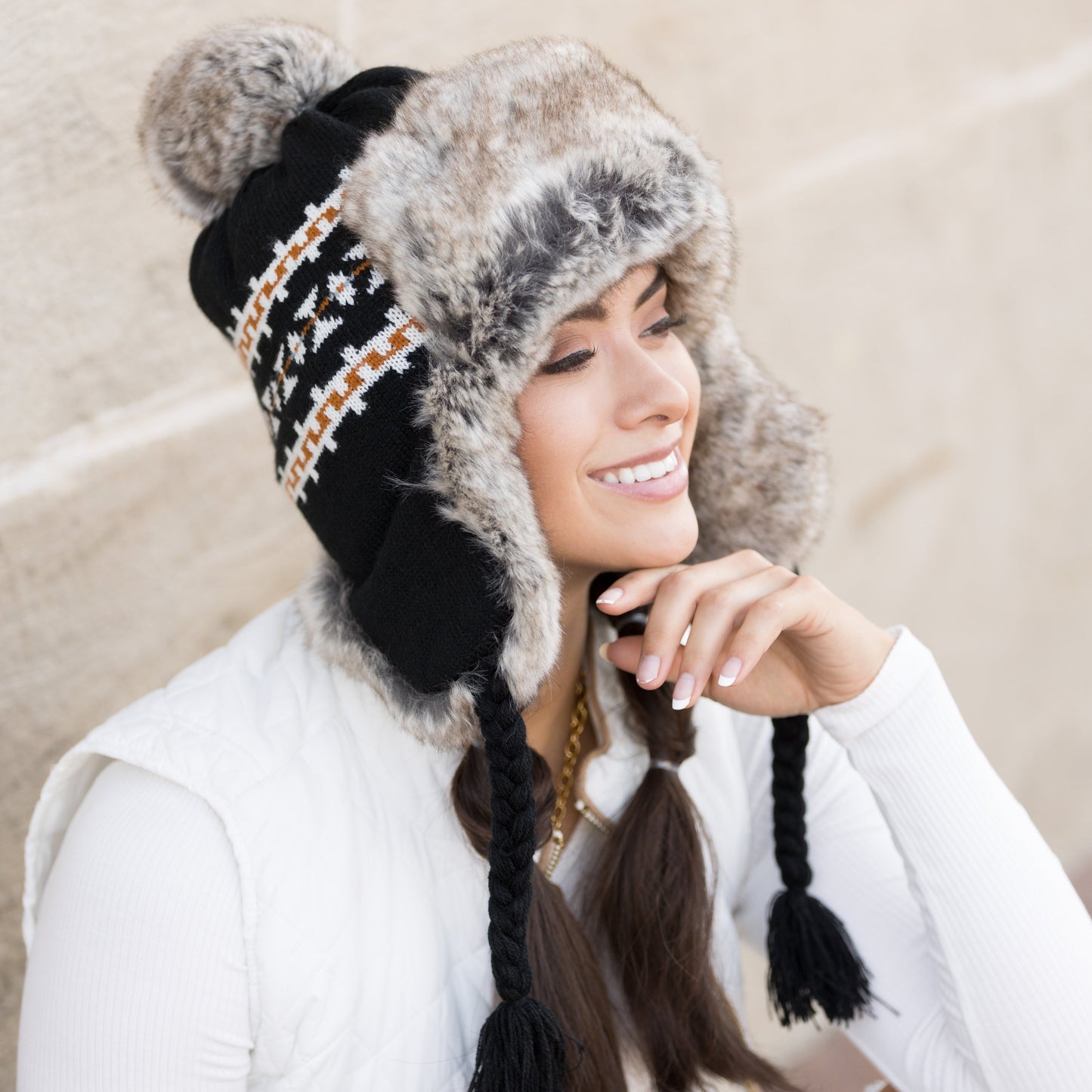 Fair Isle Pom Trapper Hat