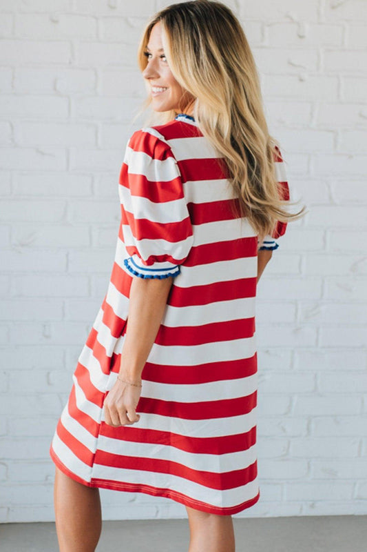 Americana Stripe Contrast Trim Puff Sleeve Dress