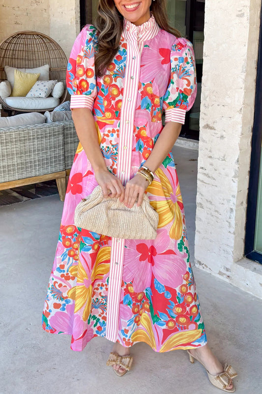 Floral Stripe Trim Puff Sleeve Buttoned Maxi Dress