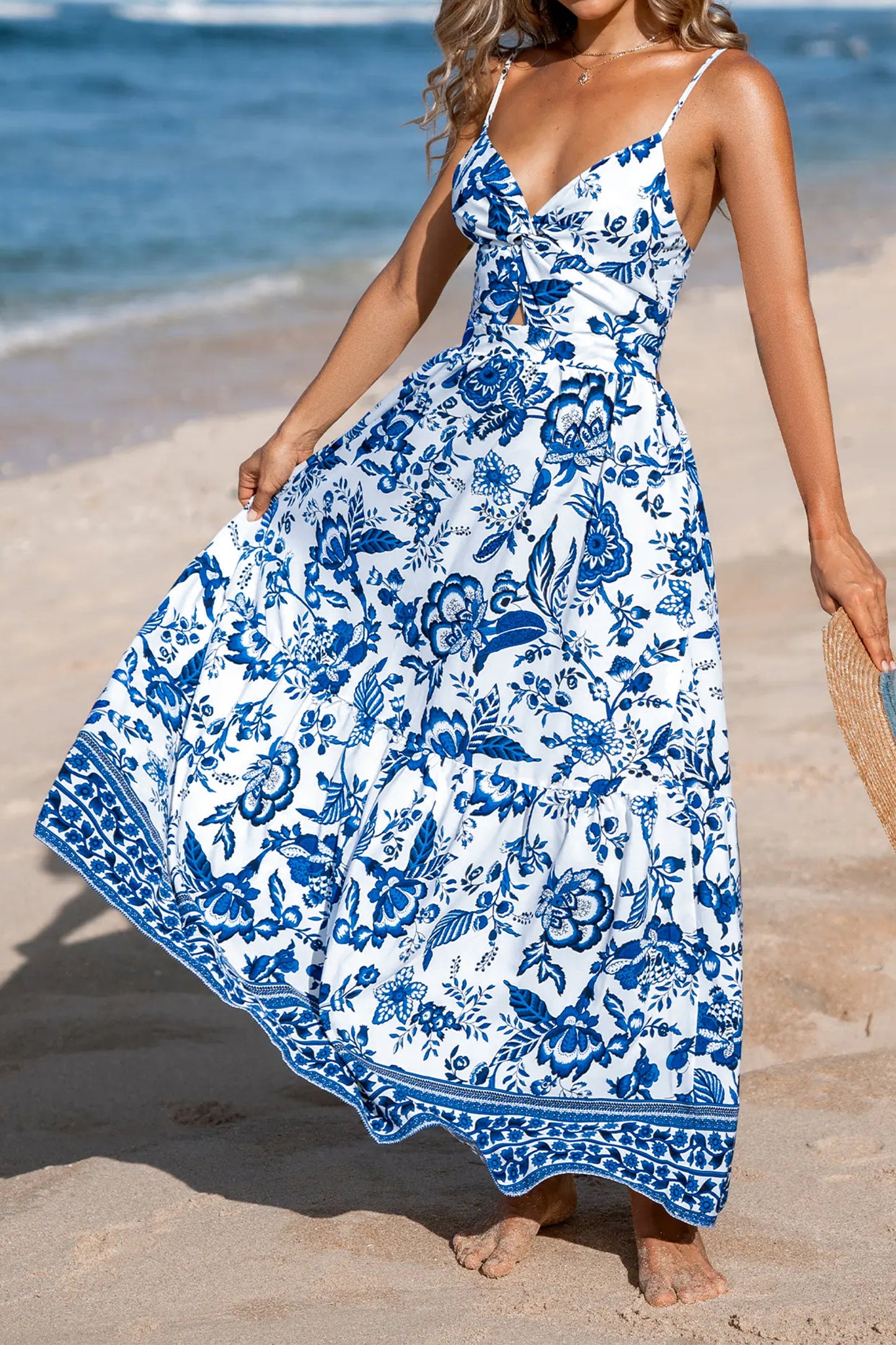 Floral Twisted Bust Spaghetti Strap Backless Maxi Dress