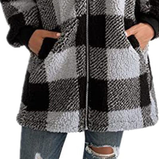 Plaid Hooded Zip-Up Oversized Jacket β Womenβs Winter Commute Coat