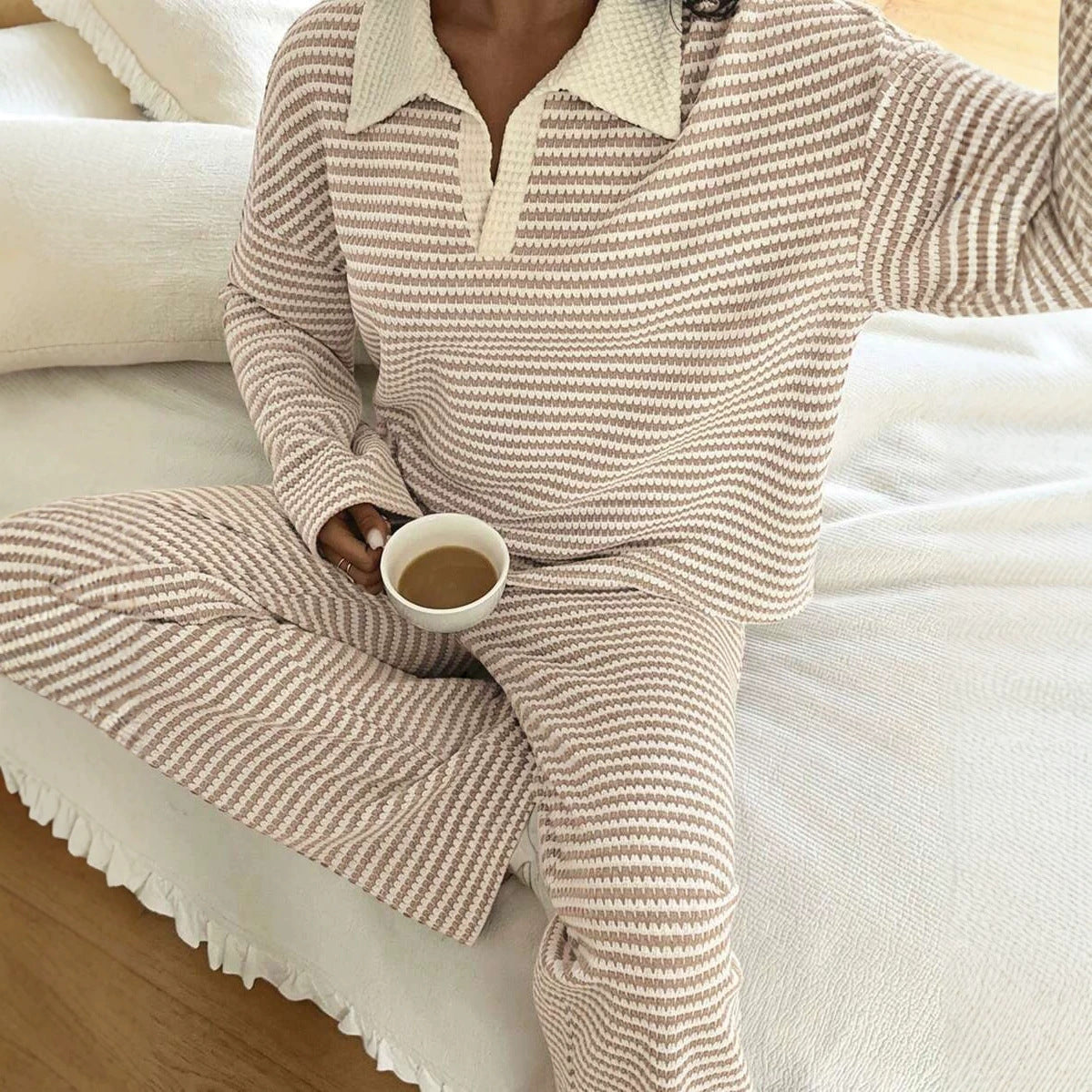 Women's Striped Wide Leg Pants Set – Long Sleeve Polo Crop Top & Trousers