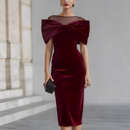 One-Shoulder Velvet Gold Thread Dress – Elegant Midi Dress in Black & Red