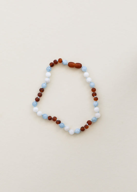 Raw Cognac Baltic Sea Amber + Moonstone + Aquamarine || Gemstone Necklace