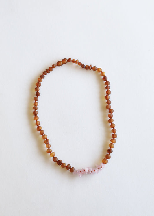 Raw Cognac Baltic Amber + Raw Rose Quartz || Necklace Set