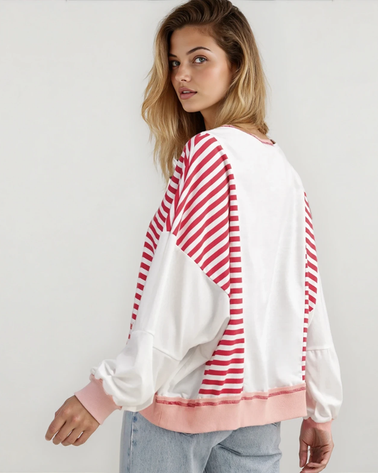 Sophie Striped Colorblock Patchwork Oversized Sweatshirt - Red