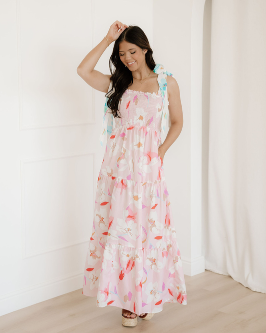 Sunshine Knotted Shoulder Smocked Maxi Dress