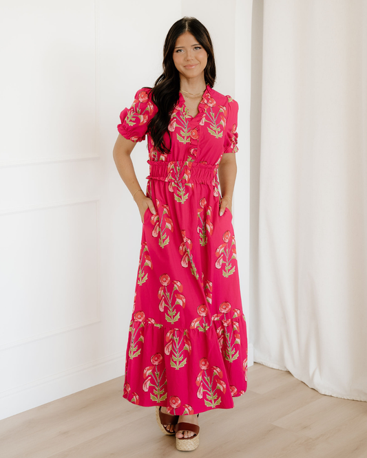 Neve Red Floral Maxi Dress | Ruffle V Neck Dress