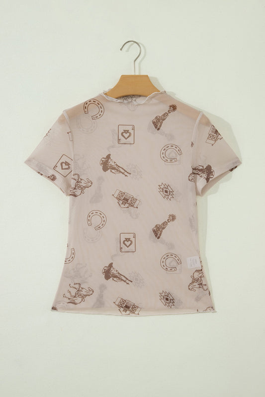 Western & Leopard Mesh Short Sleeve Top