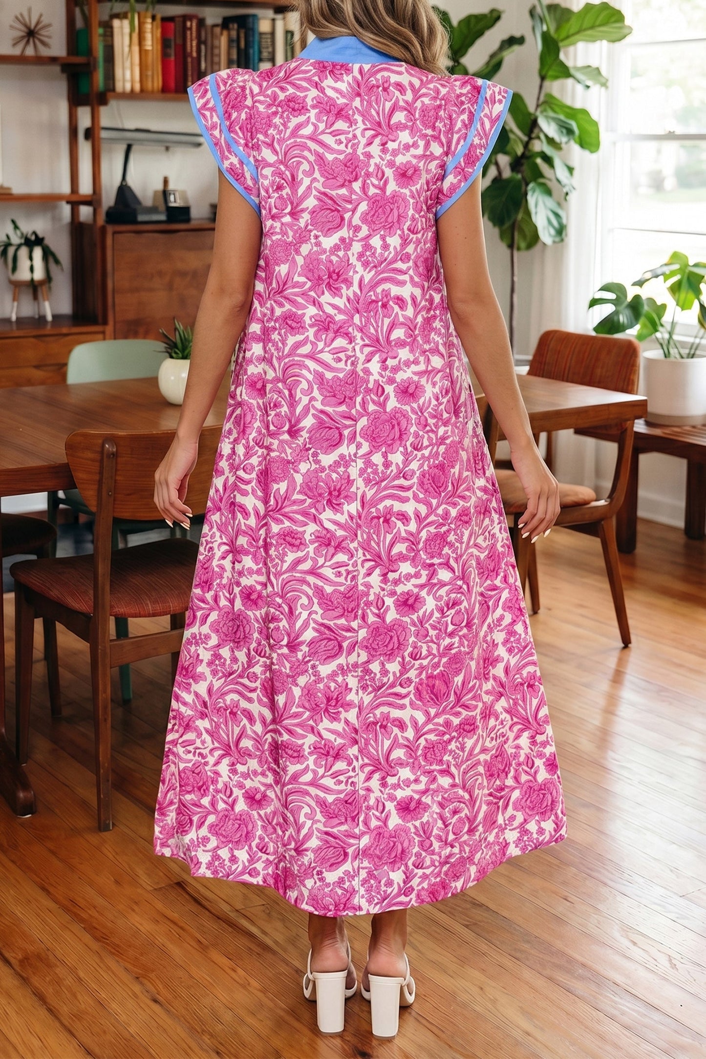 Floral Colorblock Patchwork V-Neck Midi Dress