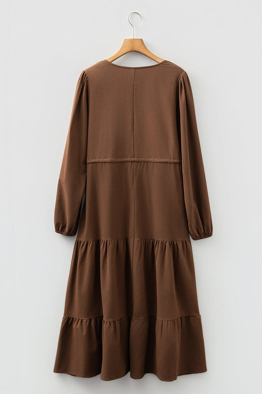 Solid Buttoned V-Neck Long Sleeve Tiered Maxi Dress