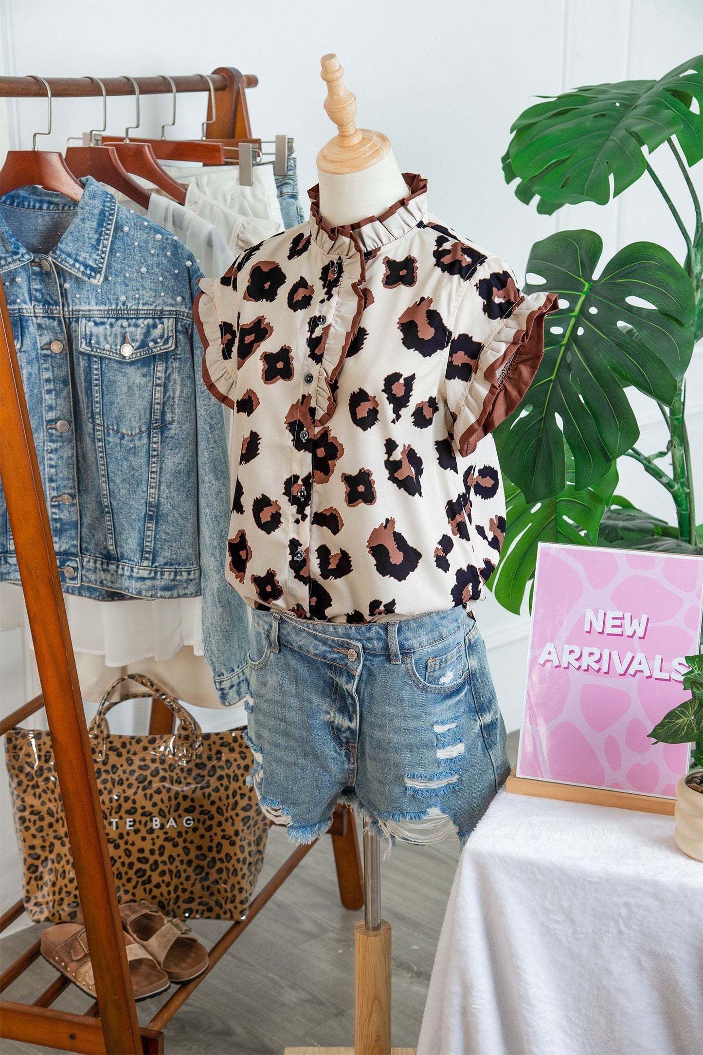 Leopard Ruffle Sleeve Button Up Blouse