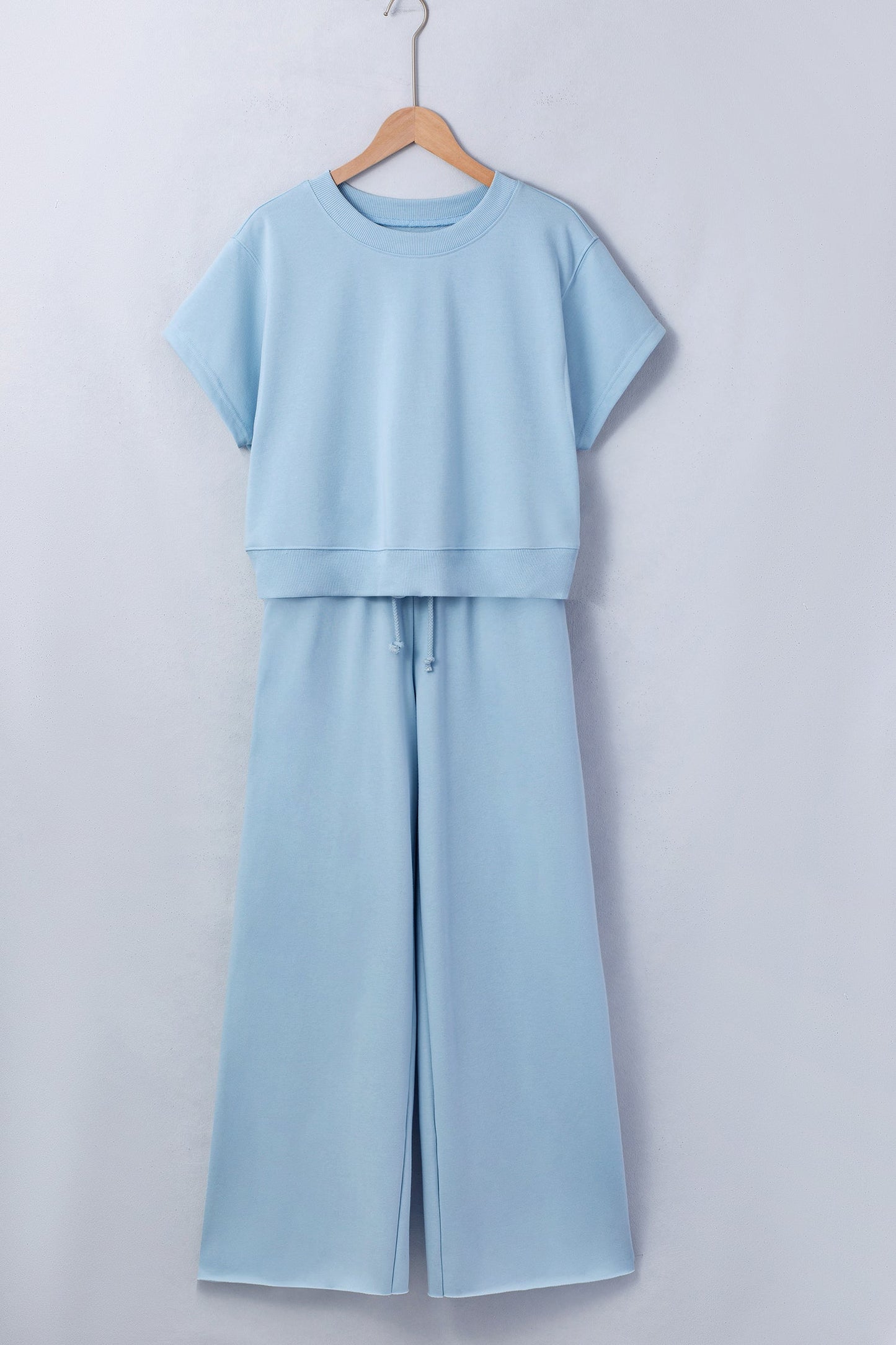Solid Tee & Wide Leg Raw Hem Pants Set