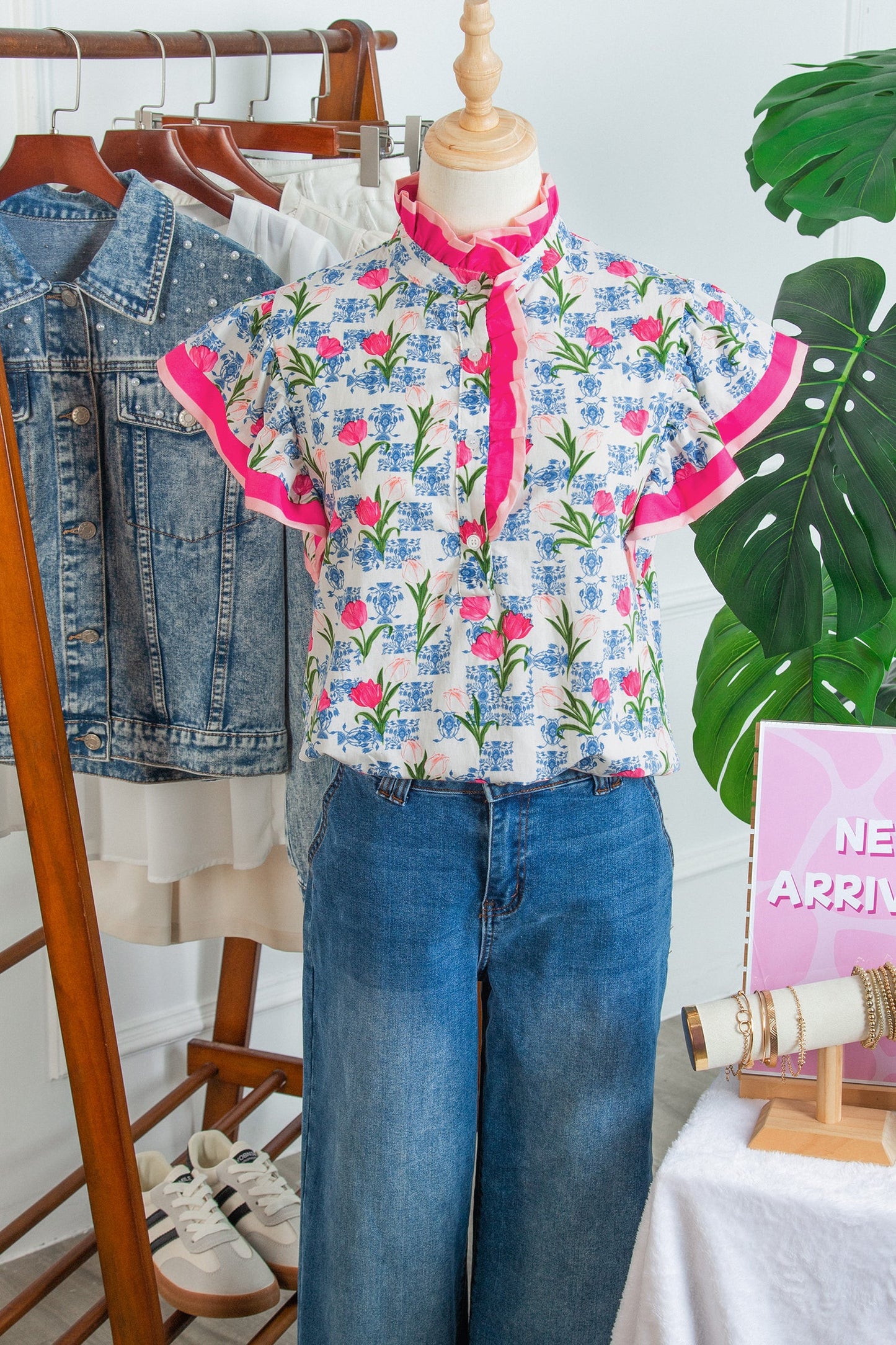Floral Colorblock Flutter Sleeve Half Button Blouse