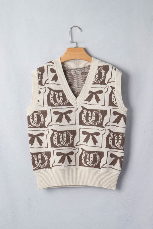 Western Horseshoes & Bows Sleeveless V-Neck Sweater Top