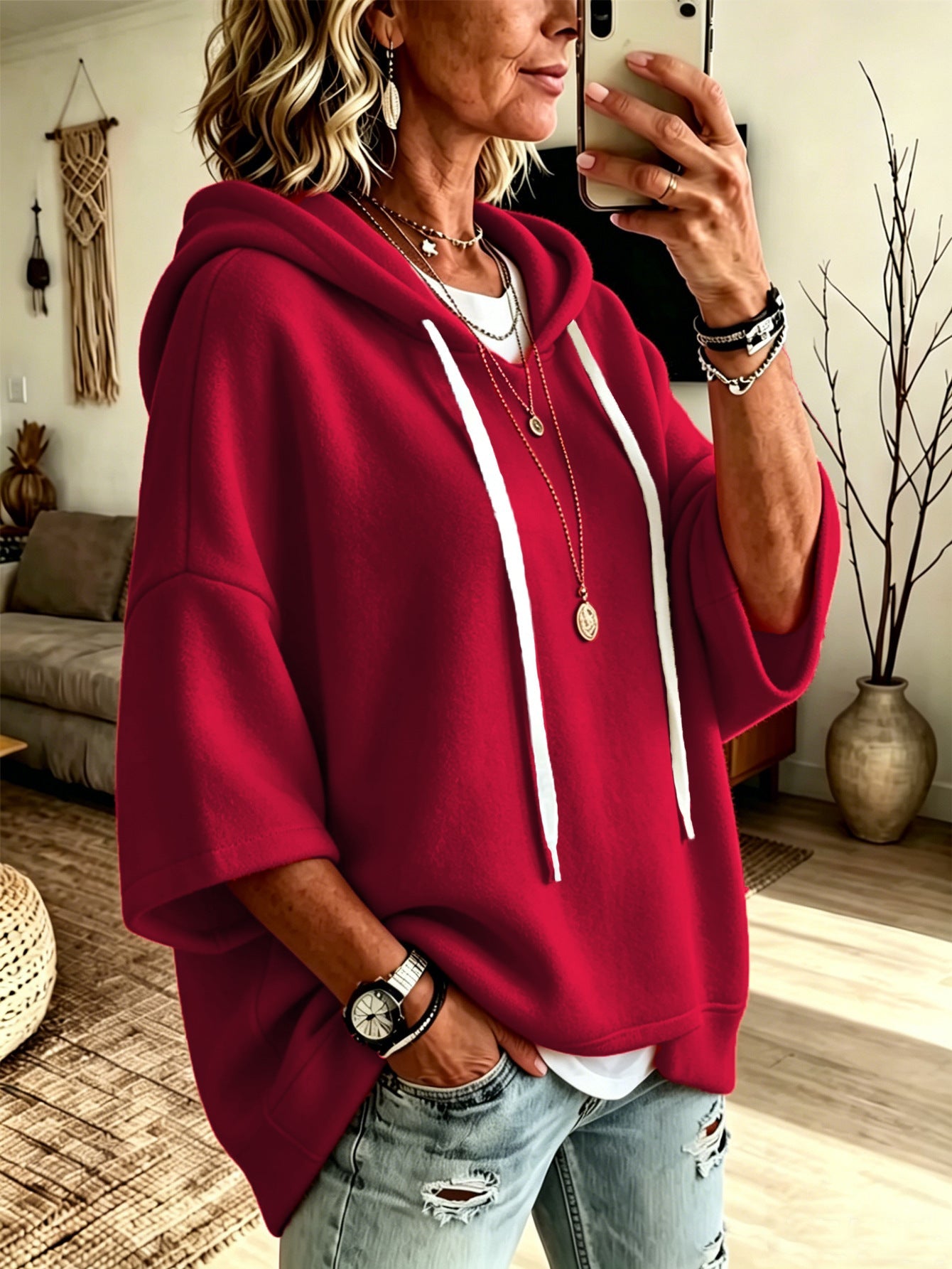 Women's Oversized Batwing Sleeve Hoodie – Loose Fleece Pullover