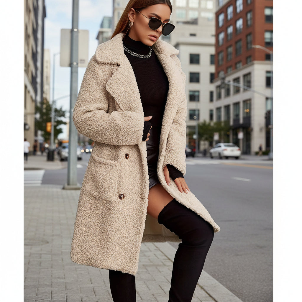 Women's Oversized Teddy Fleece Coat – Double-Breasted Mid-Length