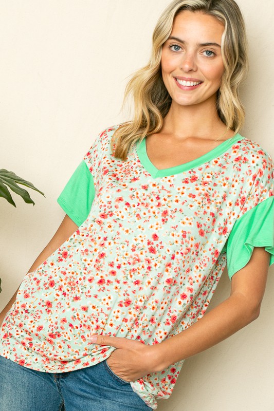 DIZZY FLORAL SOLID MIX BOXY TOP