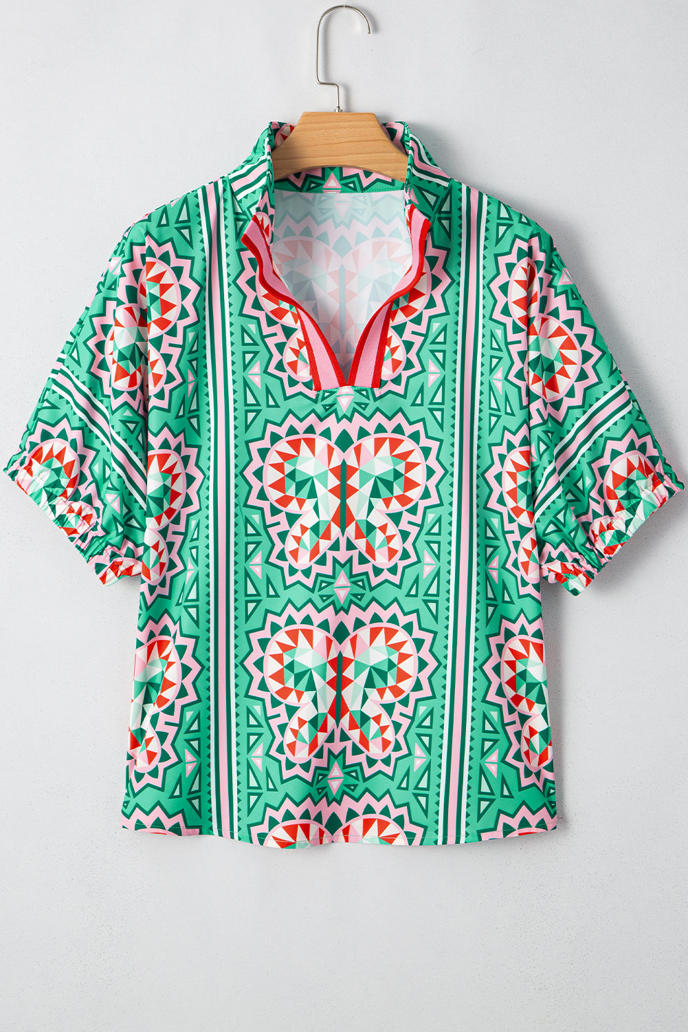 Boho Abstract Contrast Stripe Collared V-Neck Blouse