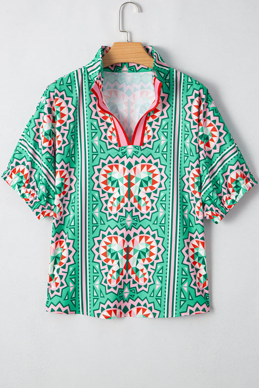 Boho Abstract Contrast Stripe Collared V-Neck Blouse