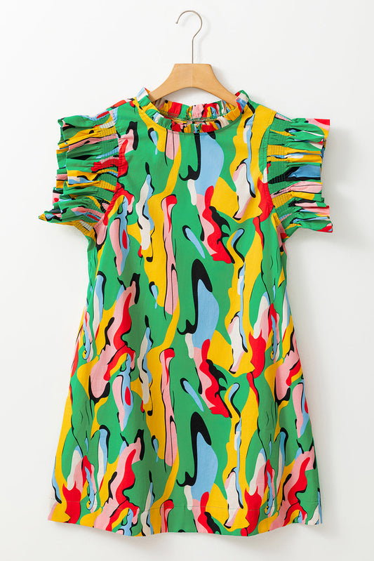 Abstract Frilled Neck Ruffle Sleeve Mini Dress