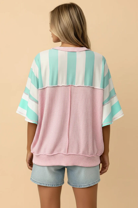 Stripe Exposed Seam Ribbed Patchwork Oversized Tee