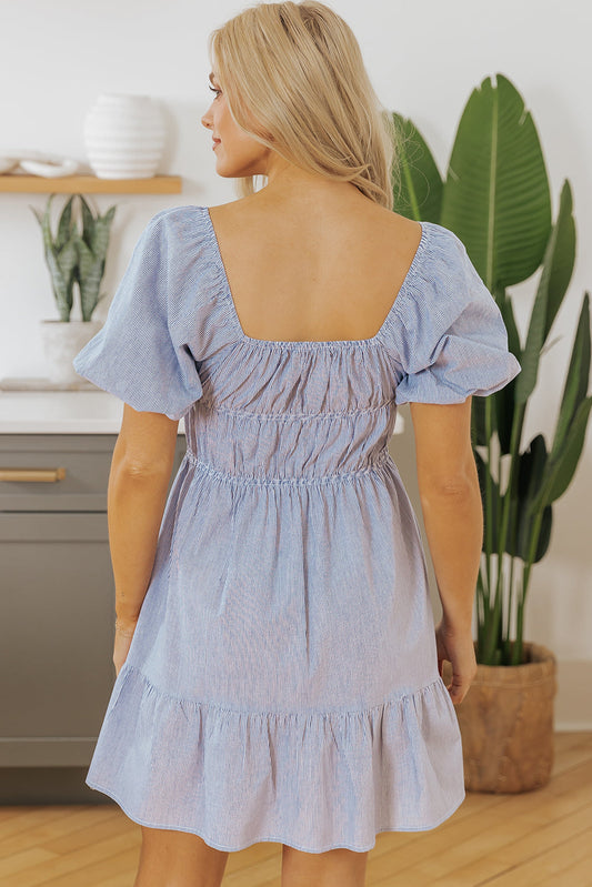 Monica Stripe Bubble Sleeve Ruched Pocketed Babydoll Dress