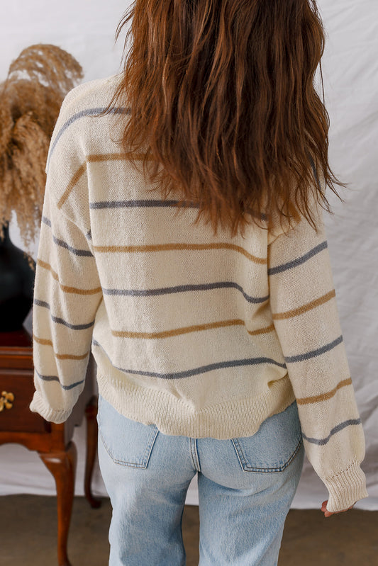 Stripe Ribbed Trim Drop Shoulder Sweater