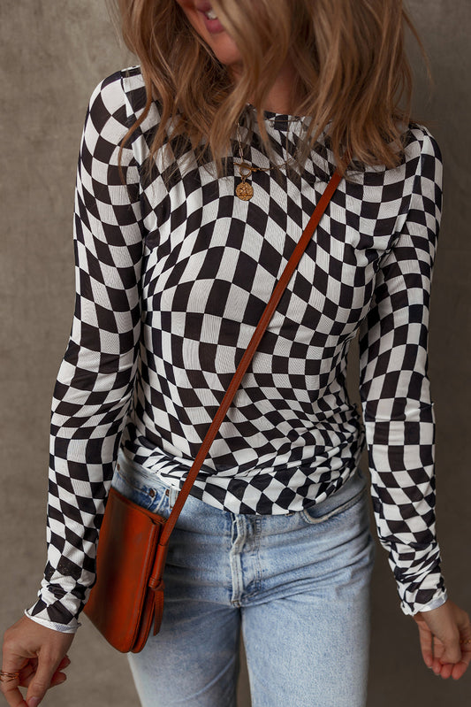 Rosalina Pattern Mesh Mock Long Sleeve Top