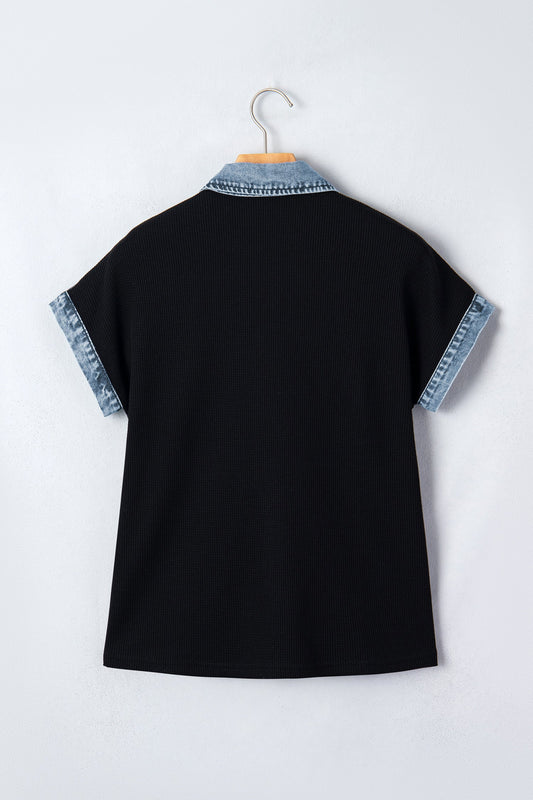 Colorblock Denim Patchwork Waffle Knit Buttoned Shirt