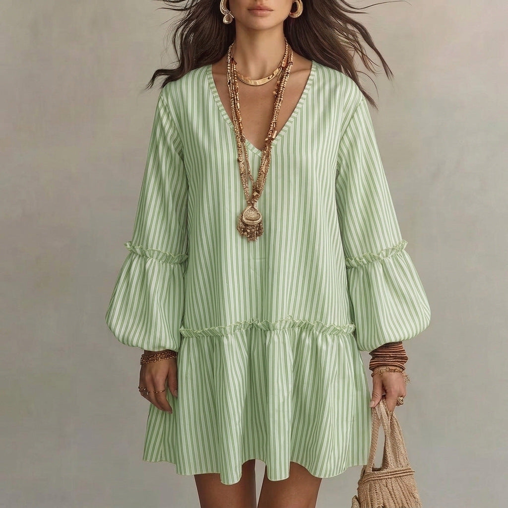 Women's Stripe Print V-Neck Lantern Sleeve Mini Dress
