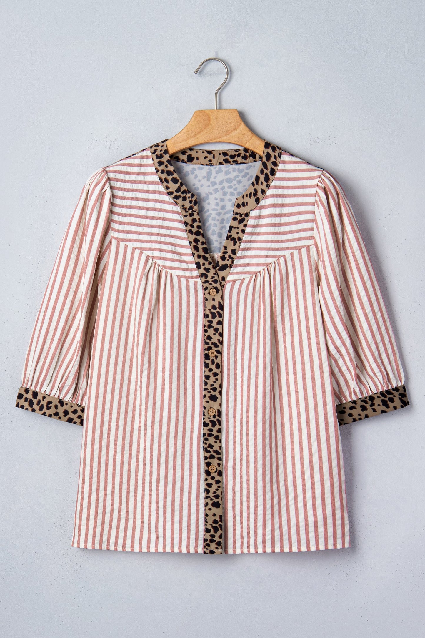 Stripe Leopard Trim V-Neck Buttoned Short Sleeve Shirt