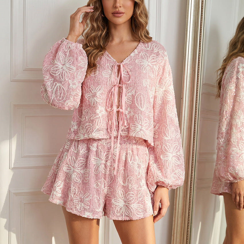 V-Neck Long Sleeve Lace-Up Top & Shorts Two-Piece Set