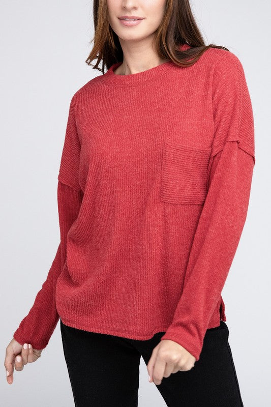 Ribbed Brushed Melange Hacci Sweater with a Pocket