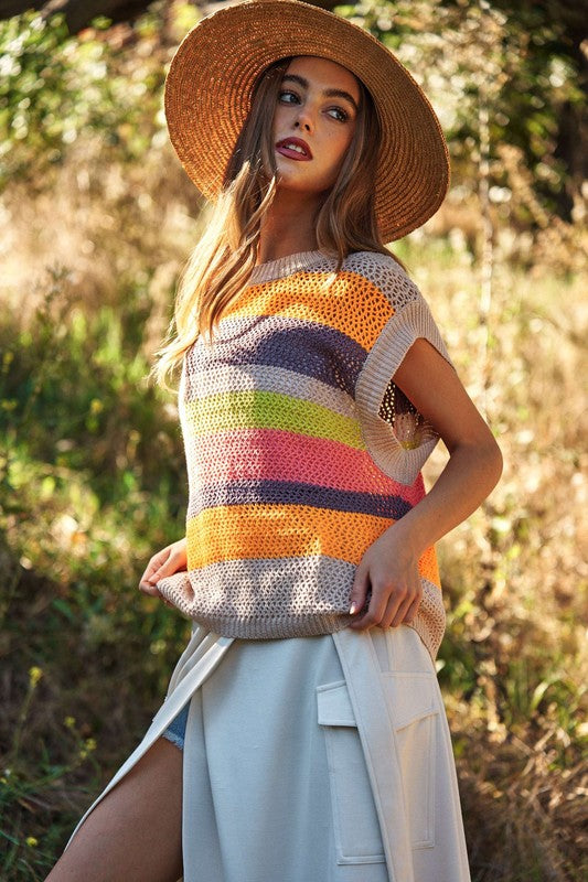 Crochet Multi Striped Pullover Knit Sweater Vest