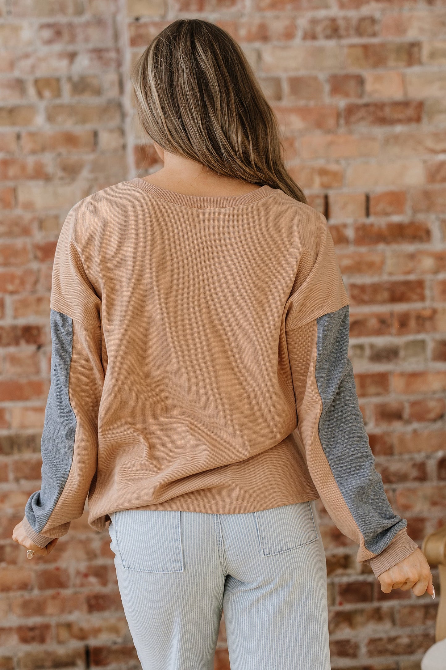 Colorblock Thermal Textured Knit Drop Shoulder Henley Top