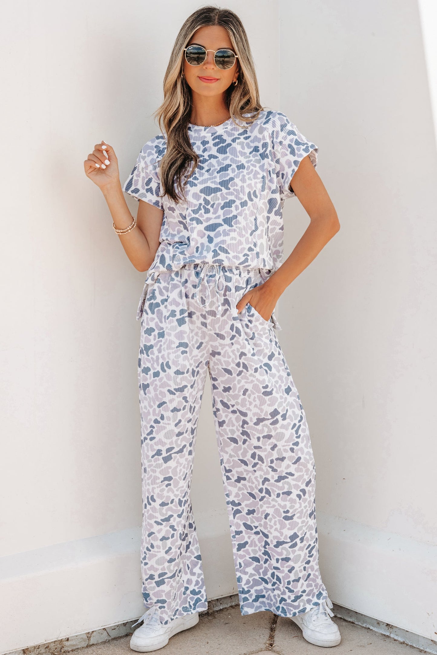 Camo Corded Knit Tee & Drawstring Pants Set