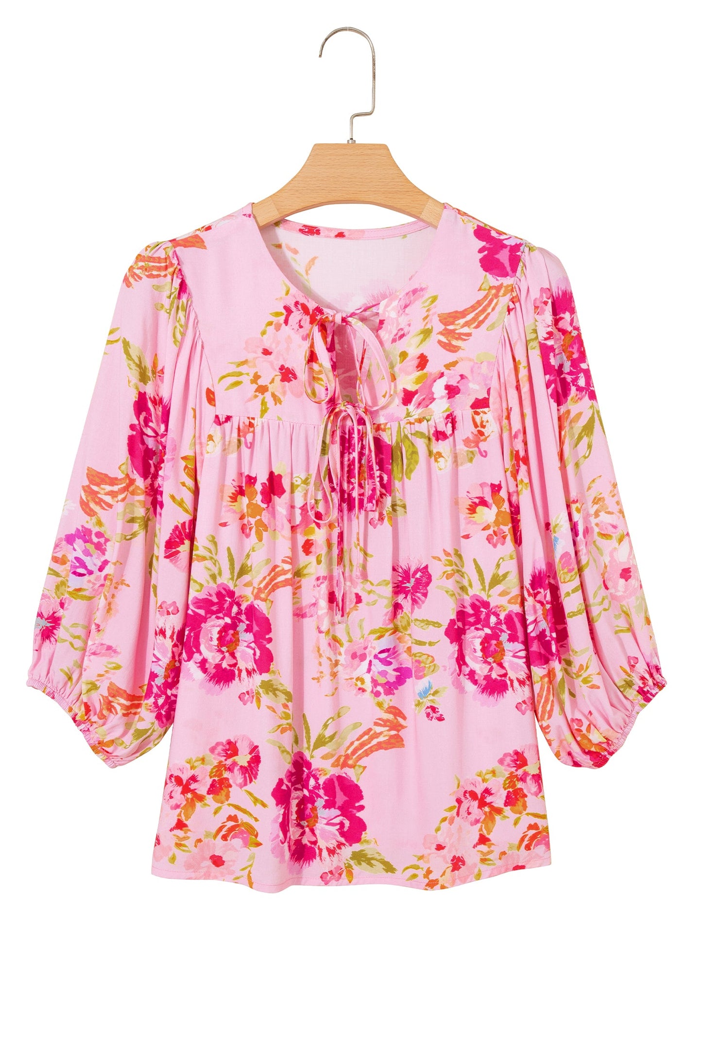 Floral Tie Neck 3/4 Puff Sleeve Blouse