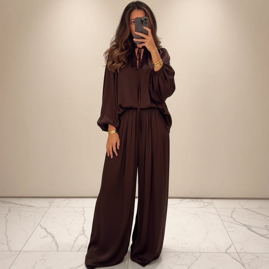 Women's V-Neck Lace-Up Bishop Sleeve Wide-Leg Pants Set