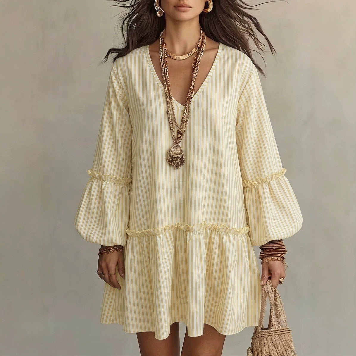 Women's Stripe Print V-Neck Lantern Sleeve Mini Dress